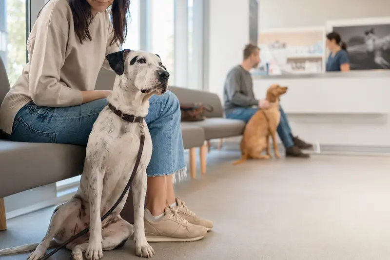Ein Perro Dogo Mallorquin sitzt ruhig neben seinem Besitzer im hellen Wartezimmer einer modernen Tierarztpraxis.